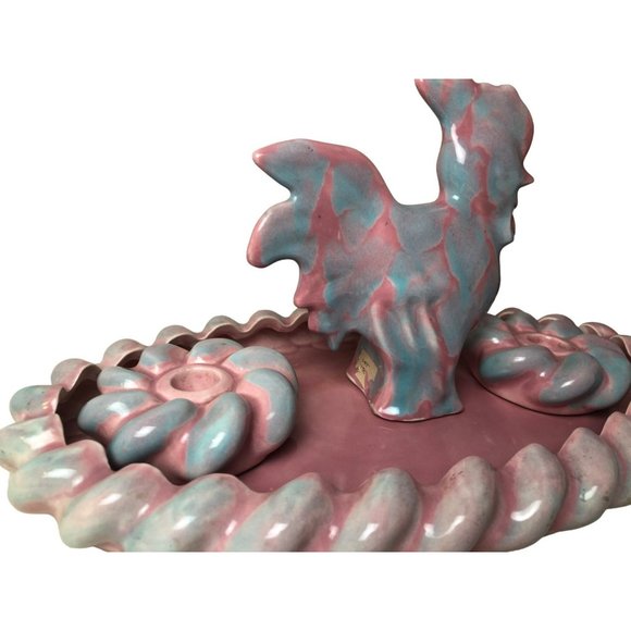 One of a Kind MCM Glazed Pottery Centerpiece with Candle Holders and Rooster, Si - Picture 2 of 6